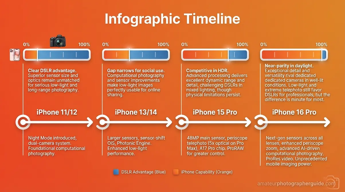 iPhone camera generation comparison timeline showing shrinking performance gap against DSLR from iPhone 11 to 16 Pro