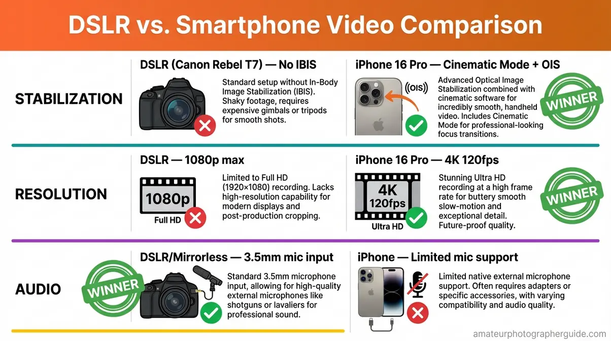 DSLR versus iPhone video comparison showing stabilization resolution and audio capabilities for vloggers