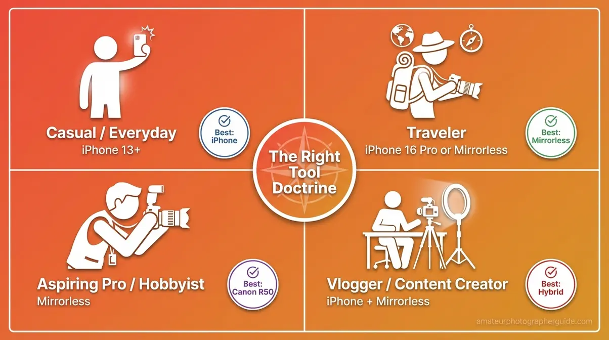 Four photographer persona decision guide showing best camera choice for casual traveler hobbyist and vlogger
