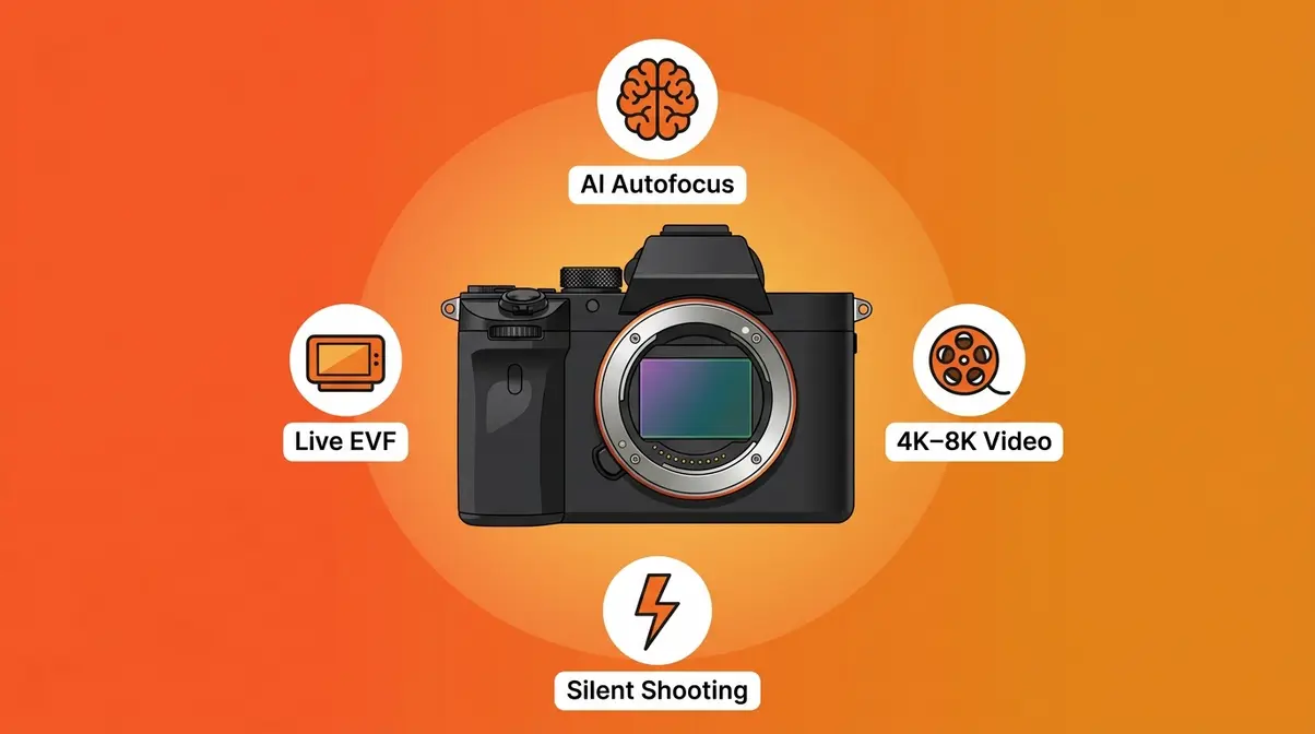 Mirrorless camera advantages in 2026 showing AI autofocus video and silent shooting benefits