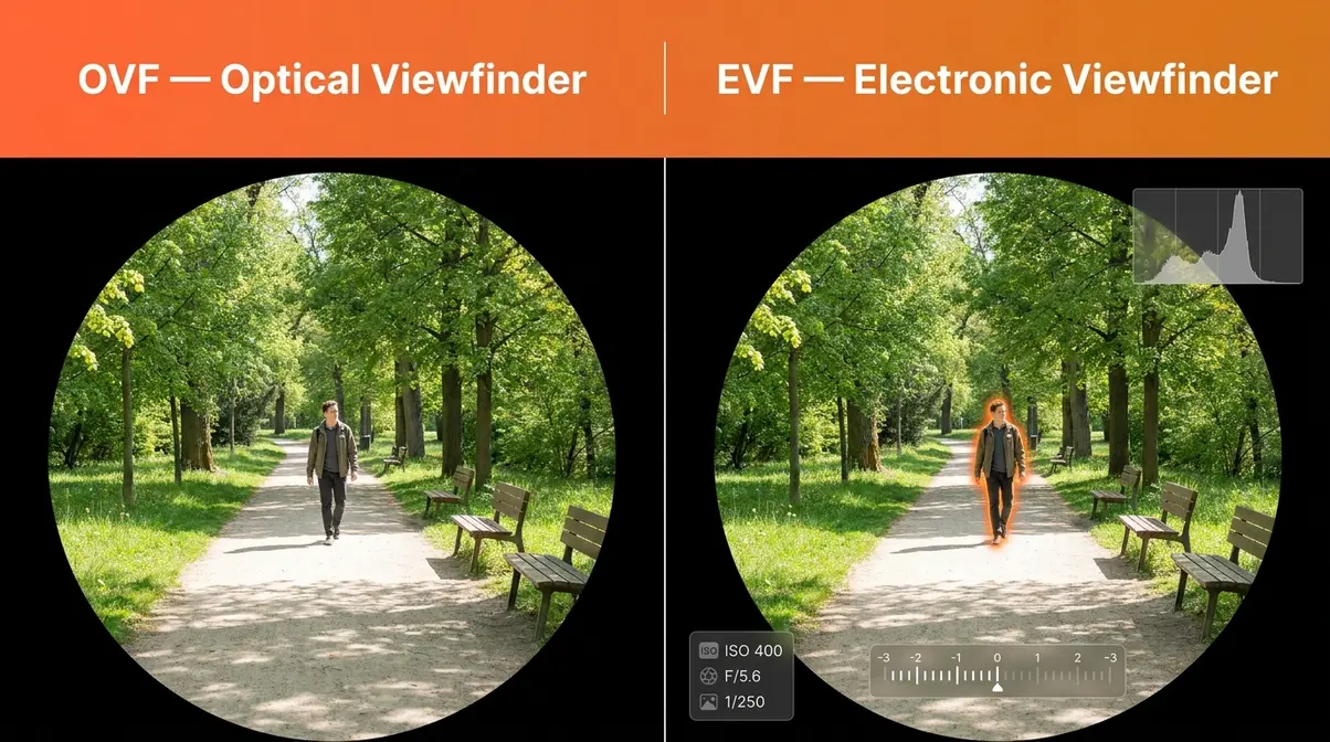 Optical viewfinder vs electronic viewfinder comparison showing live exposure preview in EVF
