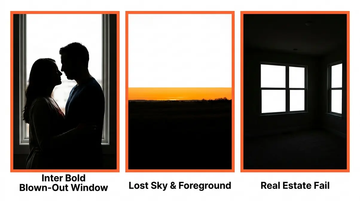 Three photography dynamic range failure examples showing blown-out highlights and crushed shadows in portraits, landscapes, and interiors