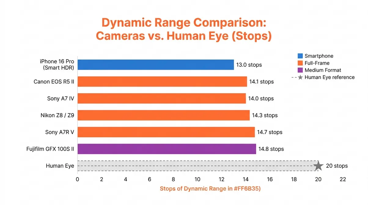 Bar chart comparing dynamic range in photography across Sony, Nikon, Canon, Fujifilm, and iPhone cameras versus the human eye