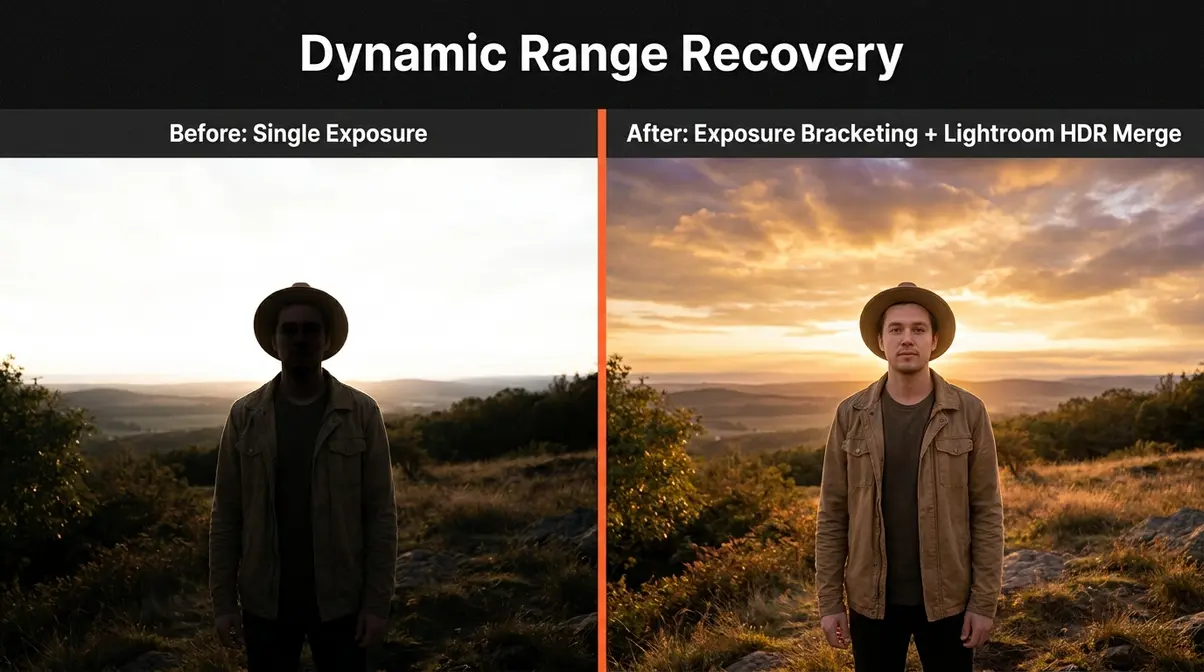 Before and after dynamic range recovery comparison showing blown-out highlights corrected in post-processing with exposure bracketing