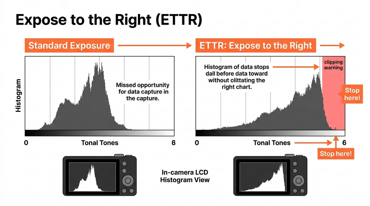 Expose to the right ETTR histogram diagram showing correct exposure shift without highlight clipping for maximum dynamic range