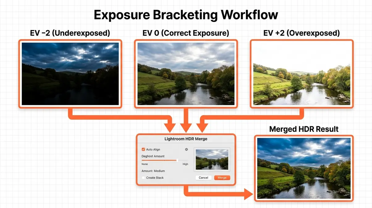 Exposure bracketing workflow diagram showing three frames at EV minus 2, 0, and plus 2 merged into one HDR image using Lightroom