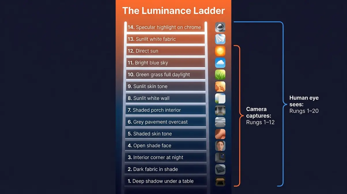 The Luminance Ladder infographic showing 14 stops of dynamic range in photography mapped to real-world brightness levels