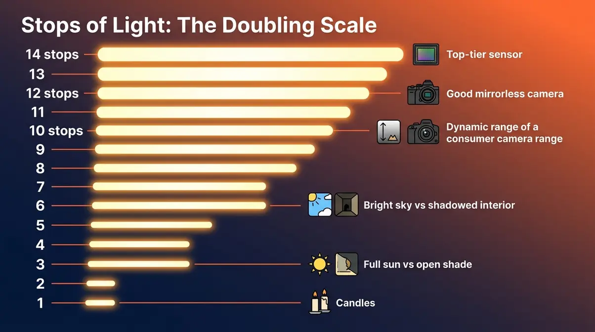 Stops of light photography measurement scale showing how each stop doubles brightness from shadow to highlight