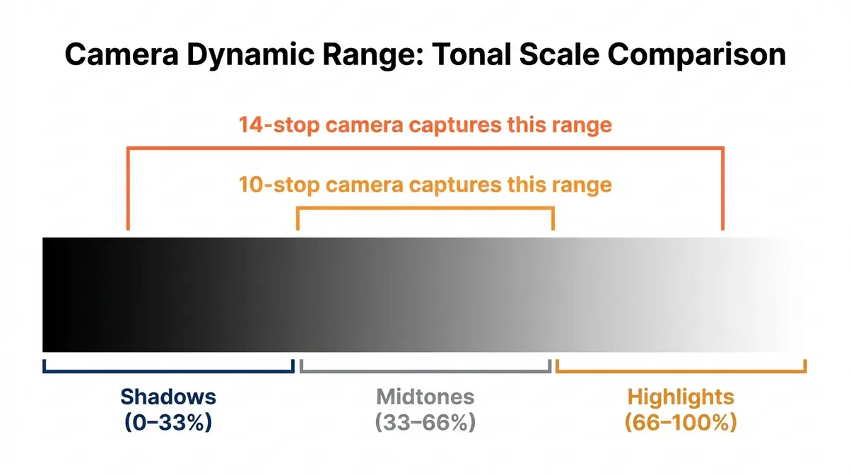 Tonal scale diagram comparing 10-stop vs 14-stop dynamic range in photography across the shadow-to-highlight spectrum