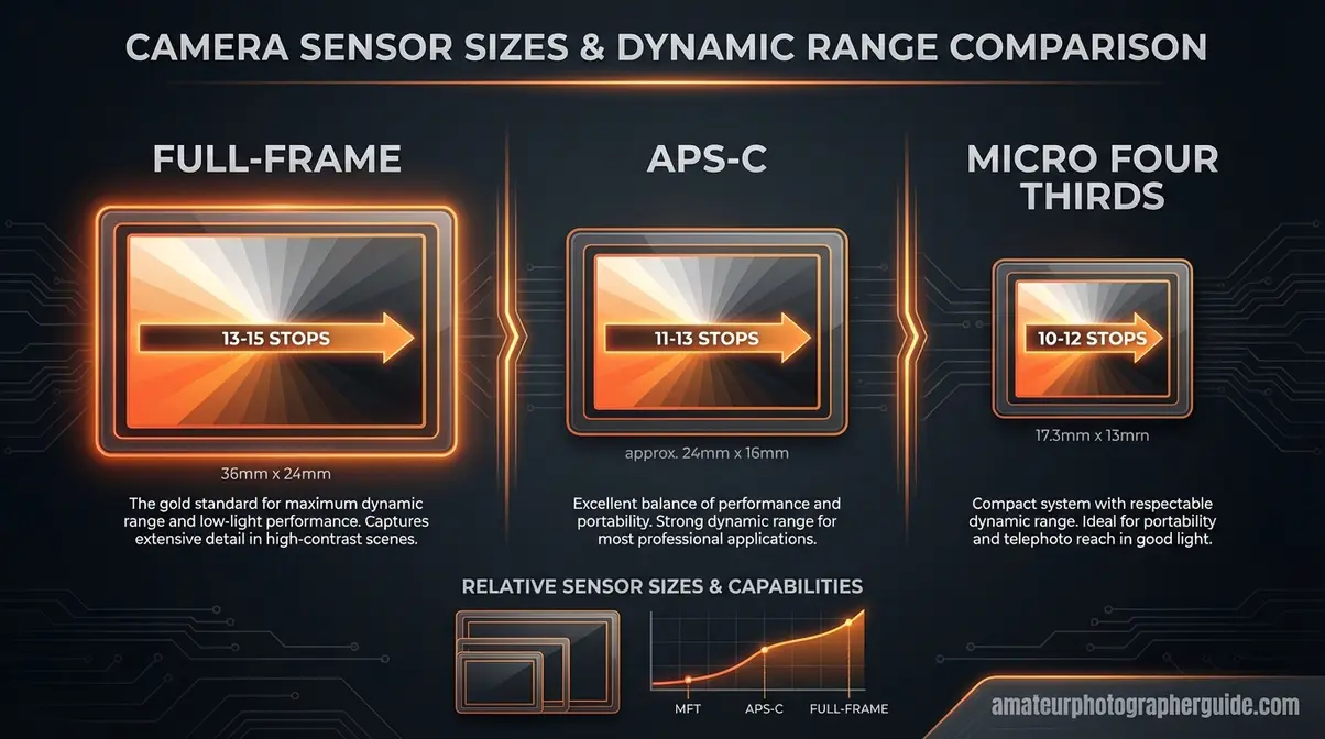 Camera sensor dynamic range comparison infographic showing full-frame 13-15 stops versus APS-C 11-13 stops versus Micro Four Thirds 10-12 stops