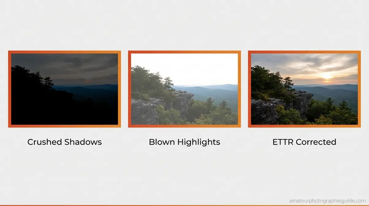 Side-by-side photography dynamic range comparison showing crushed shadows, blown highlights, and correctly exposed ETTR image