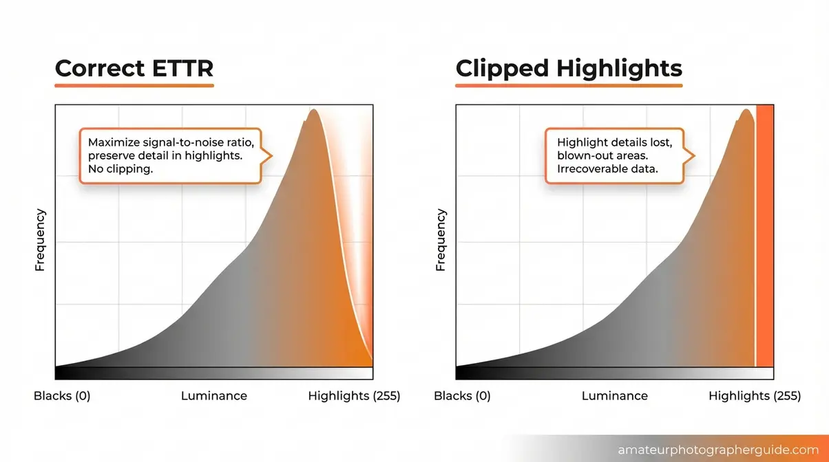 Photography histogram diagram showing correct ETTR exposure with data crowding right edge versus clipped highlights