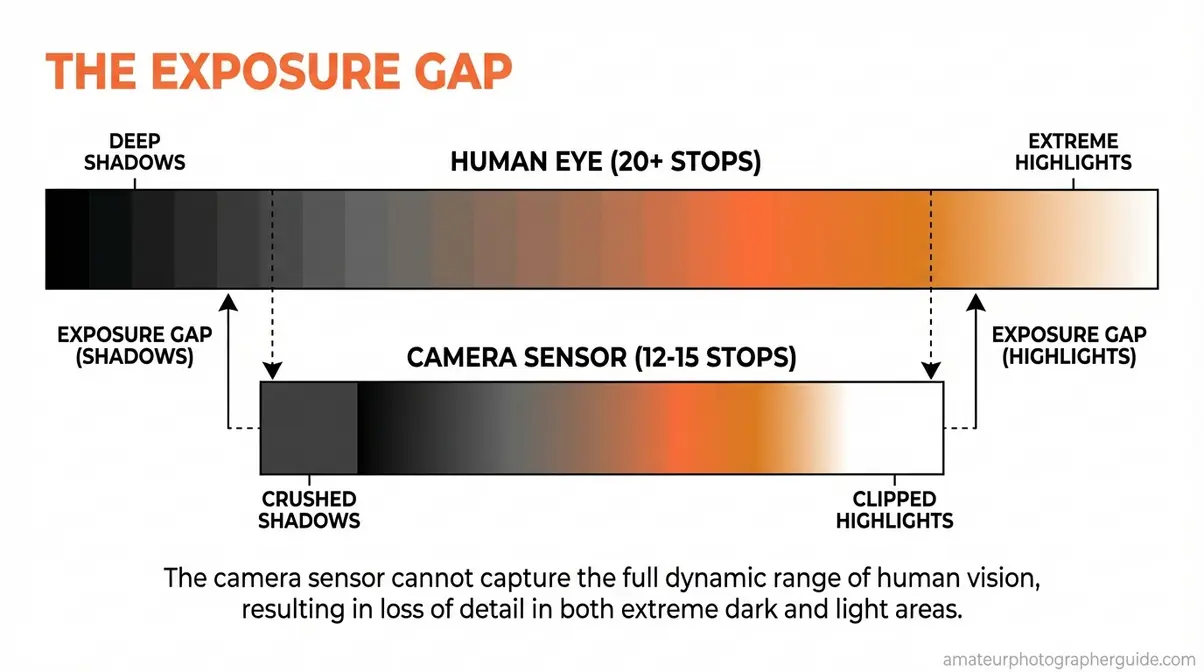 Dynamic range photography diagram comparing the human eye's 20-plus stops versus a camera sensor's 12 to 15 stops, showing the exposure gap