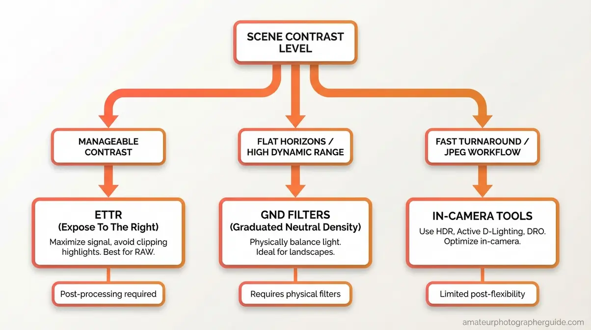 Photography dynamic range technique decision flowchart showing when to use GND filters versus Active D-Lighting versus ETTR