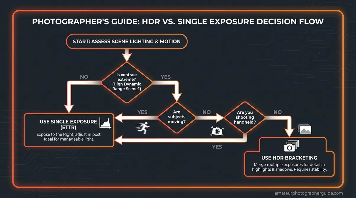 Flowchart showing decision process for using HDR versus single exposure techniques