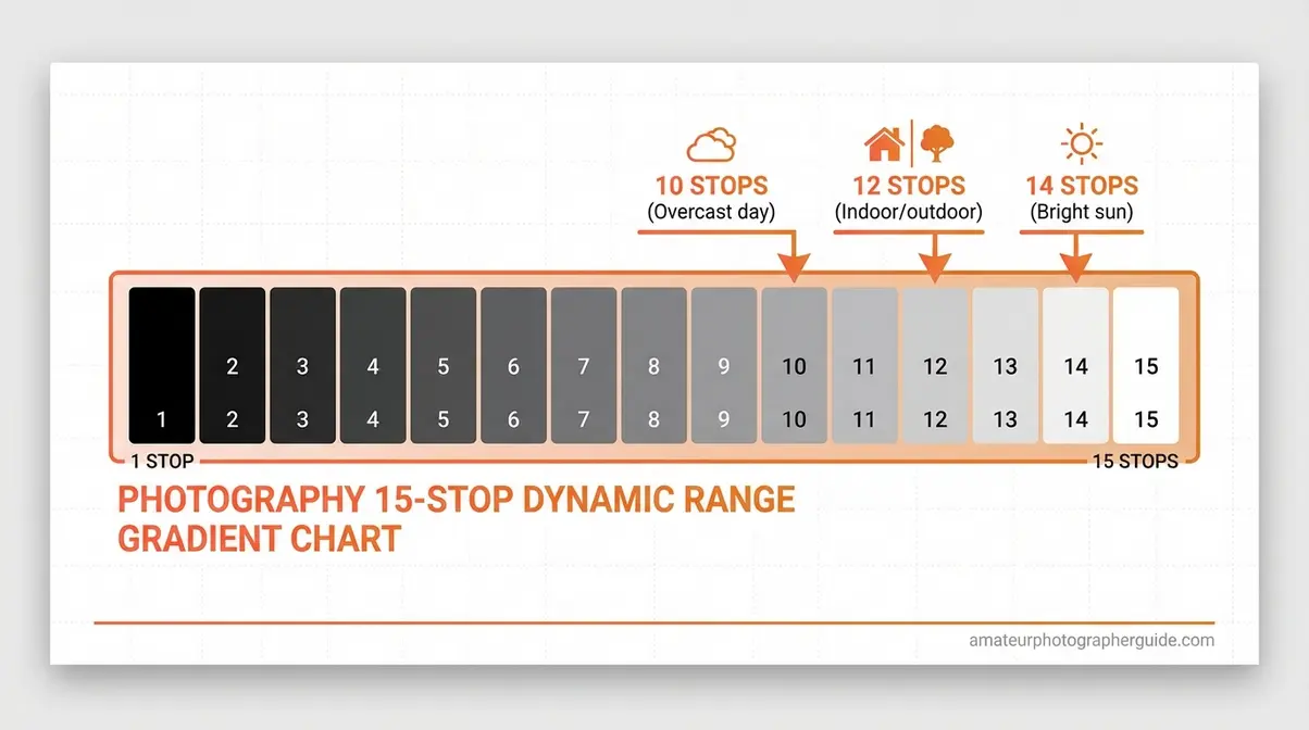 Photography dynamic range stops chart comparing 1 to 15 stops of light with human eye and camera sensor benchmarks infographic