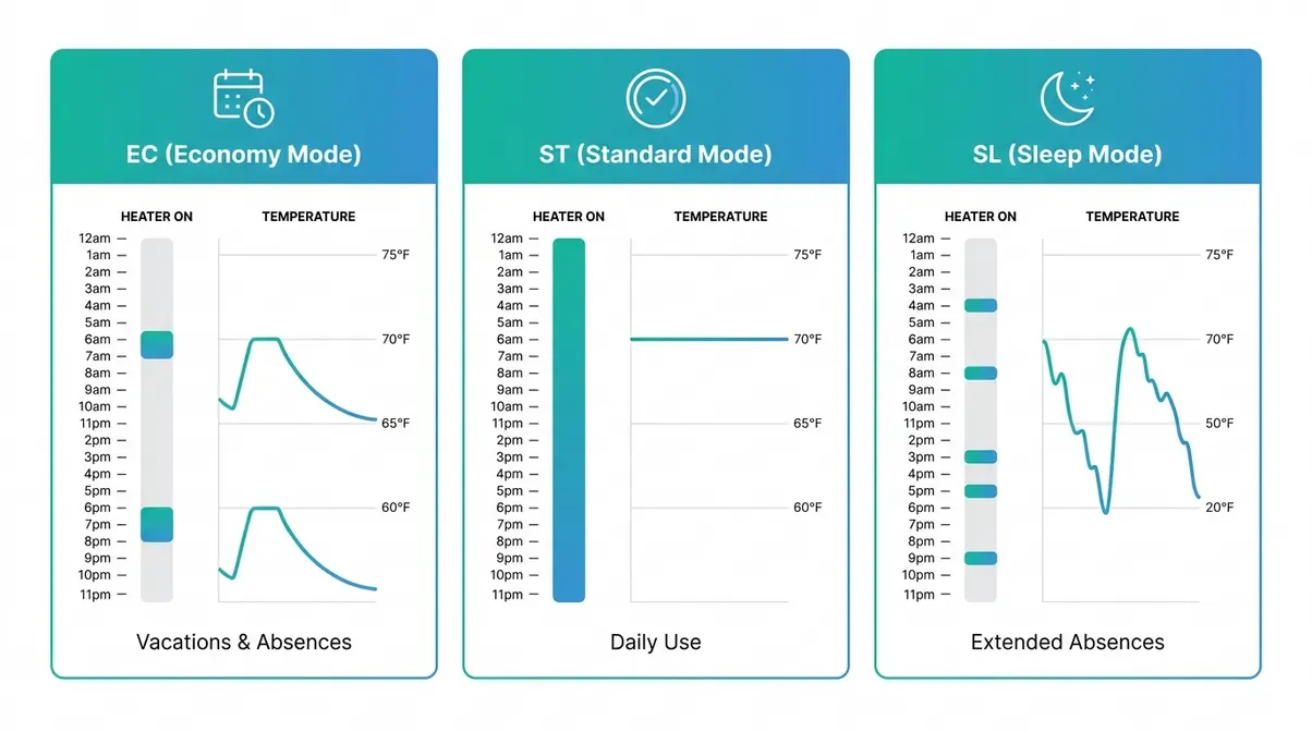 EC Error on Hot Tub: What It Means & How to Fix It 1 EC error hot tub Economy Mode versus Standard Mode versus Sleep Mode comparison diagram showing heater behavior