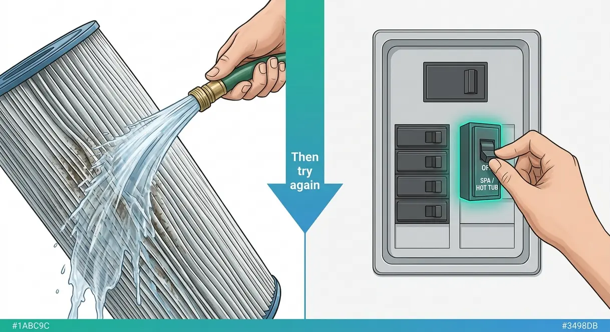 EC Error on Hot Tub: What It Means & How to Fix It 4 Hot tub EC error troubleshooting showing filter cleaning and breaker power cycle reset steps