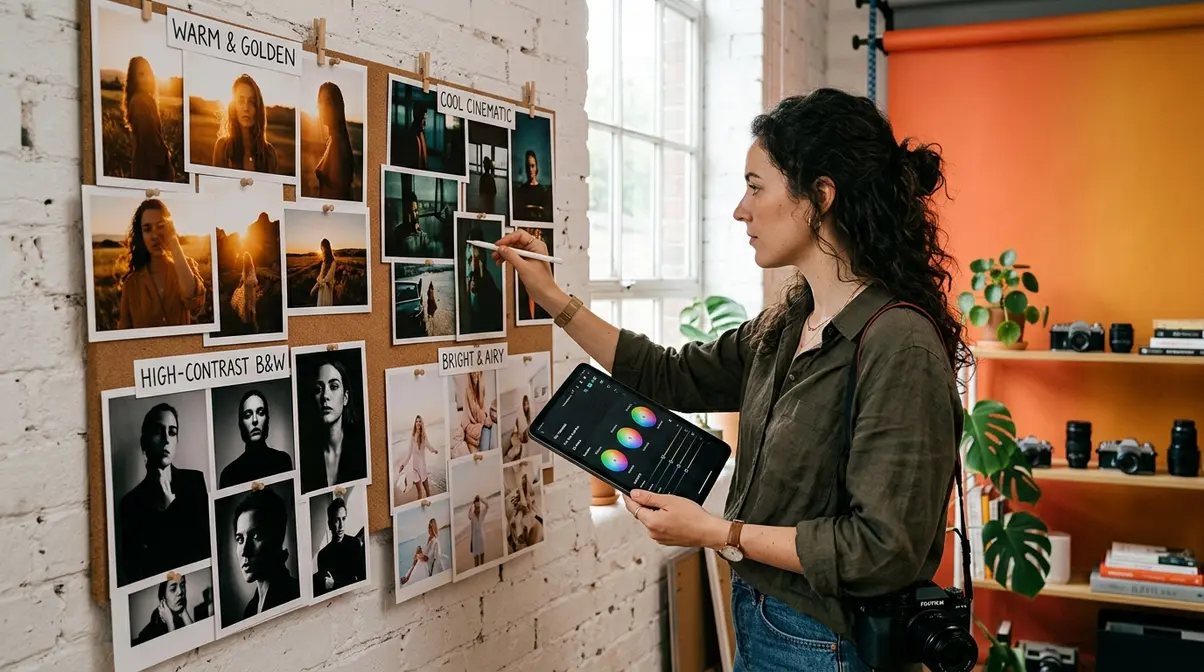 Photographer studying mood board of different editing styles to develop a unique photography style
