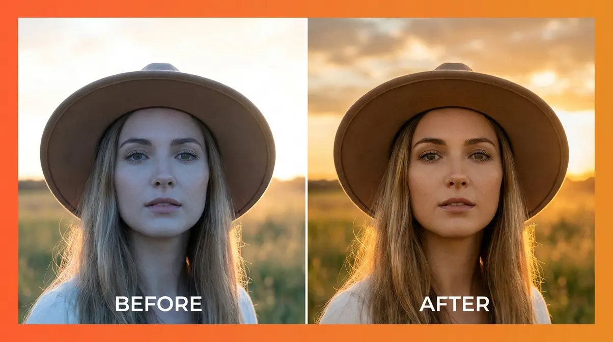 Before and after comparison of editing in photography applied to a golden hour portrait correcting white balance and exposure