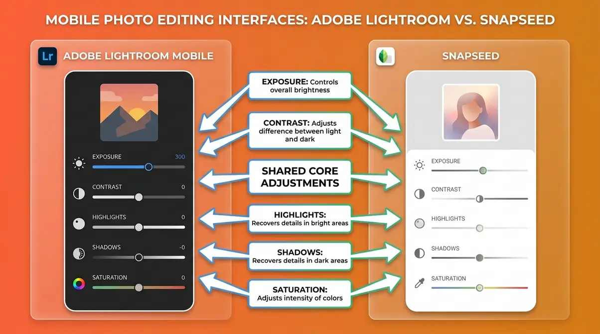 Side-by-side comparison of Lightroom Mobile and Snapseed editing interfaces showing adjustment sliders for beginners