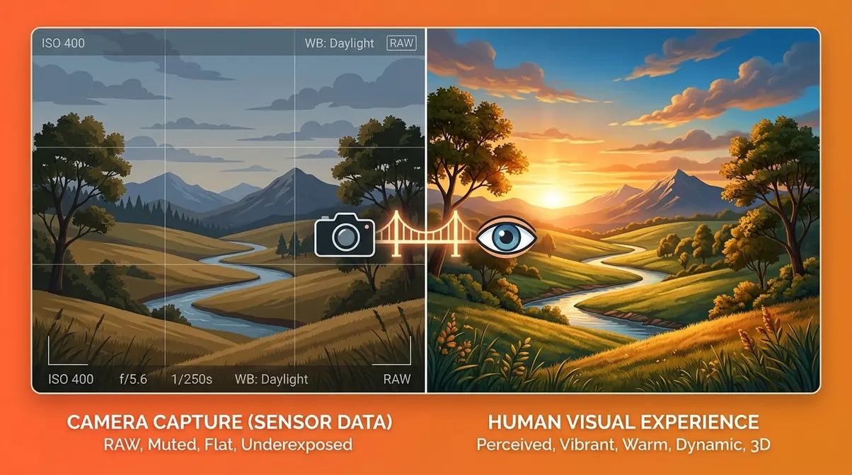 Split image showing camera capture versus human eye experience illustrating why photo editing fundamentals matter