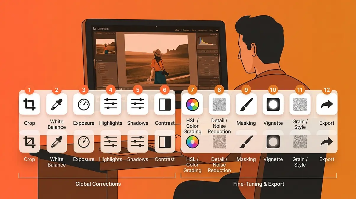 Step-by-step photo editing workflow overview showing 12 steps from culling to export for beginner photographers