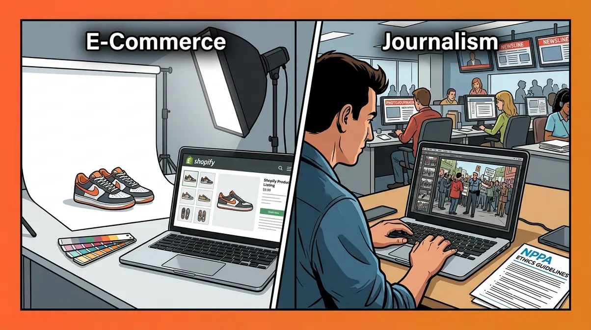 Split illustration contrasting professional photo editing in e-commerce product photography and photojournalism contexts