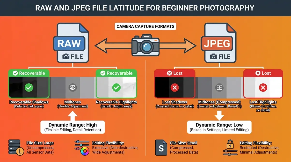 Infographic diagram comparing RAW versus JPEG editing latitude showing recoverable highlights and shadows for photo editing beginners