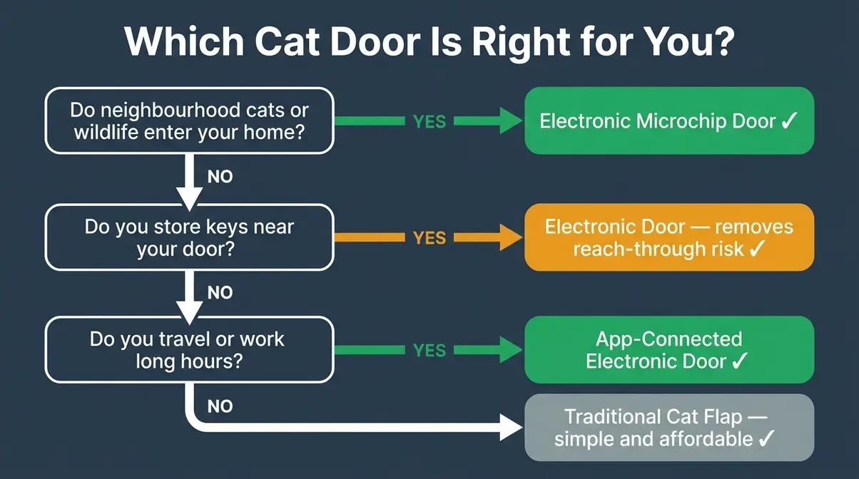 Flowchart decision guide for choosing between electronic cat door vs cat flap based on security needs and budget