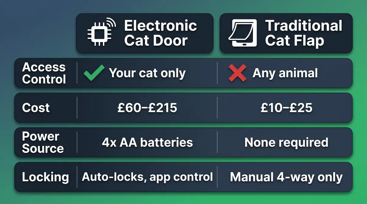Infographic comparing electronic cat door vs cat flap across security, cost, power source and locking options