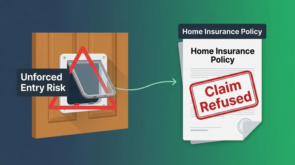 Home insurance policy document with warning sign next to a traditional cat flap showing unforced entry risk