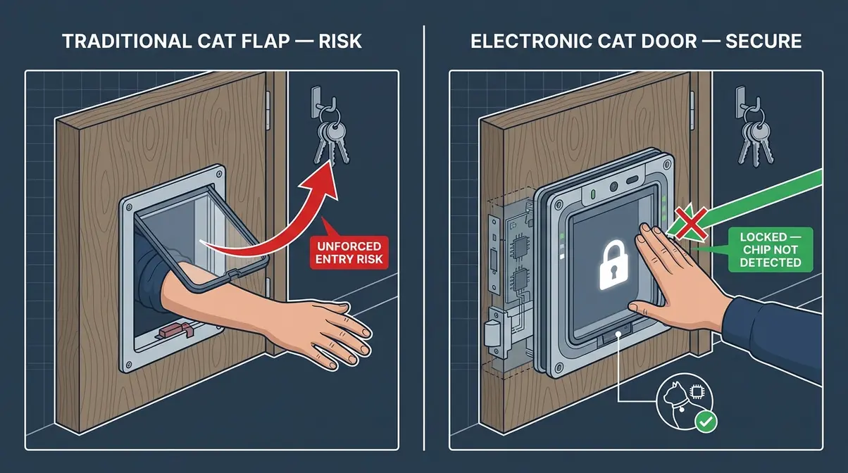 Diagram showing hand reaching through traditional cat flap versus locked electronic cat door security comparison