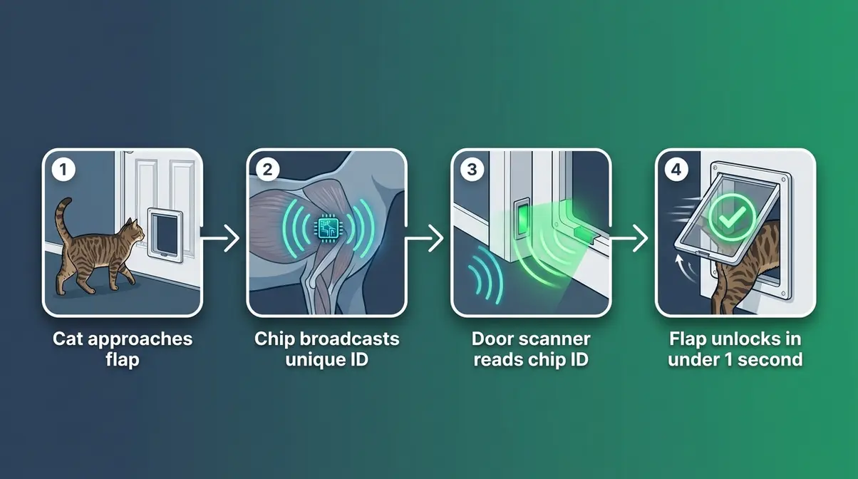 Step-by-step diagram showing how a microchip cat door reads a cat's implanted chip to unlock the flap