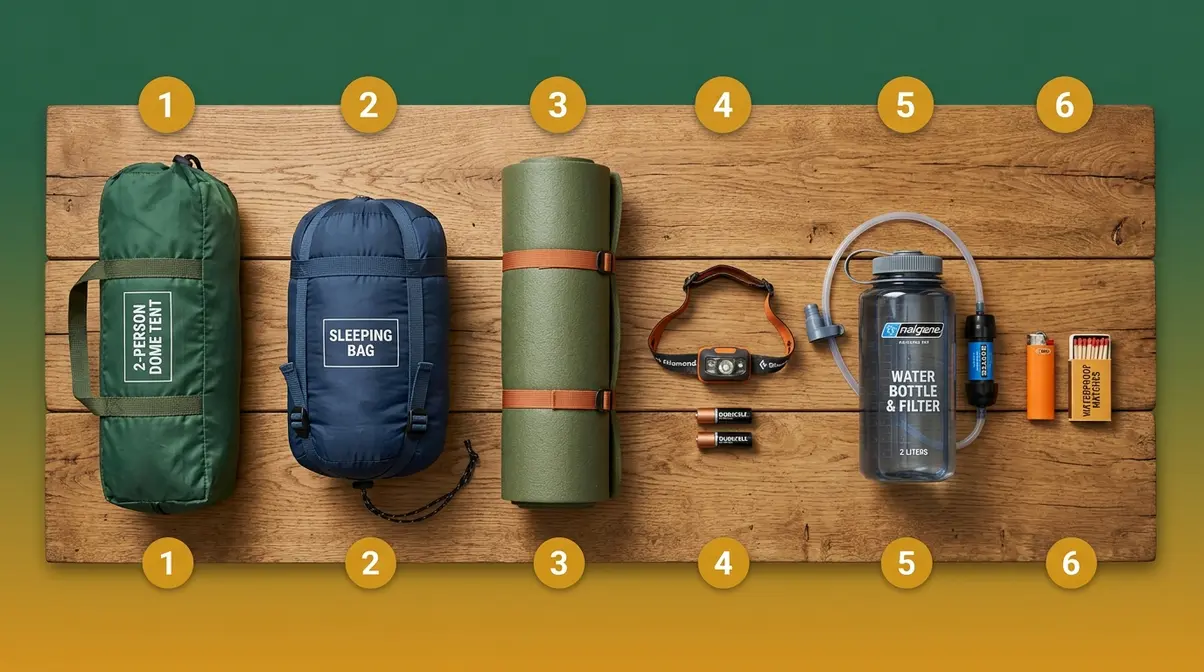 Beginner camping gear minimum viable kit showing six essential items for a first camping trip