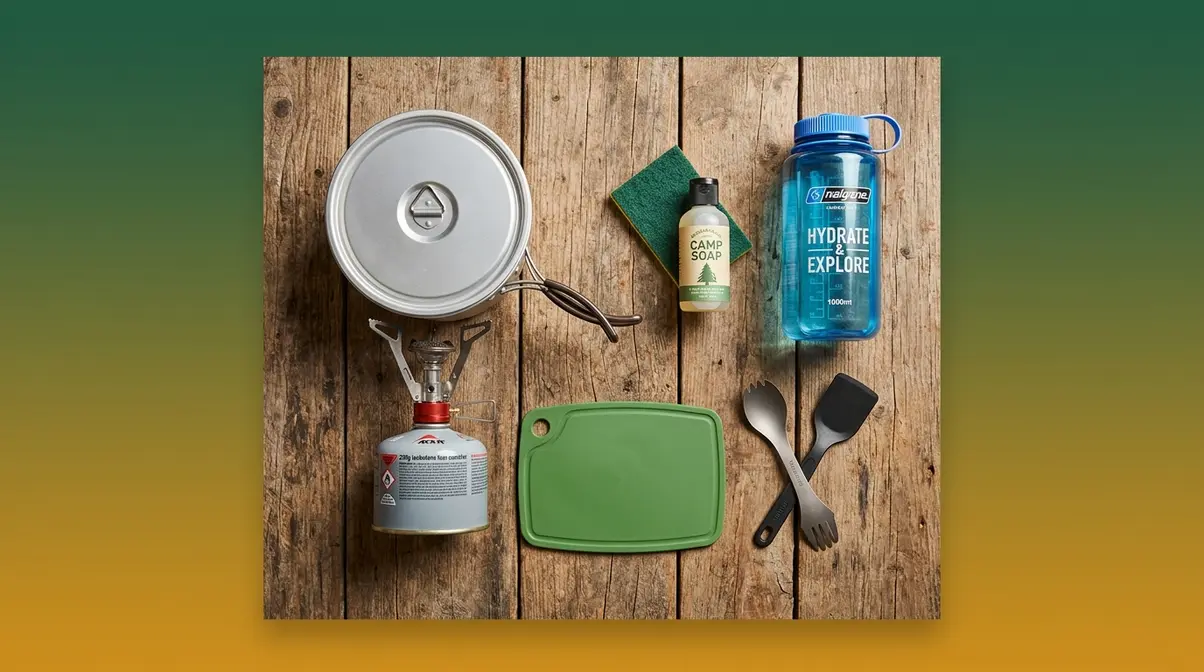 Essential camp kitchen gear including canister stove, pot, utensils, and water filter for beginners