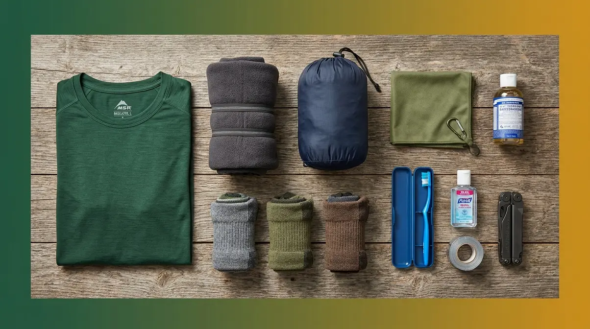Camping clothing and hygiene essentials including moisture-wicking layers, wool socks, and biodegradable soap
