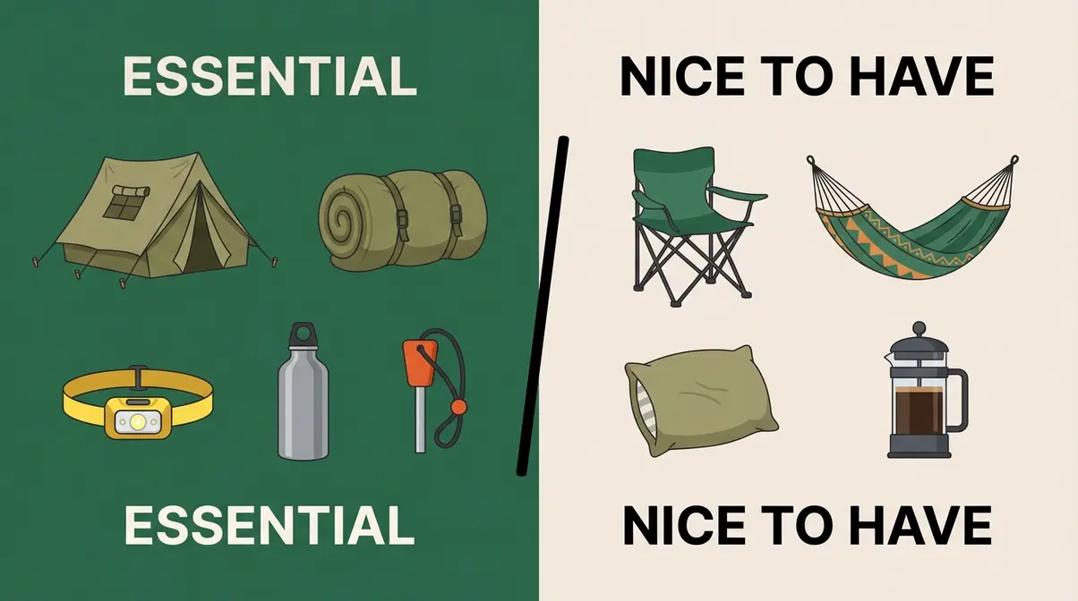 Essential camping gear versus nice-to-have items comparison illustration for beginner campers