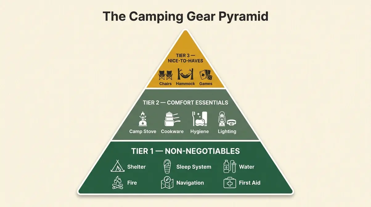 Essential camping gear pyramid framework showing three priority tiers for beginner campers