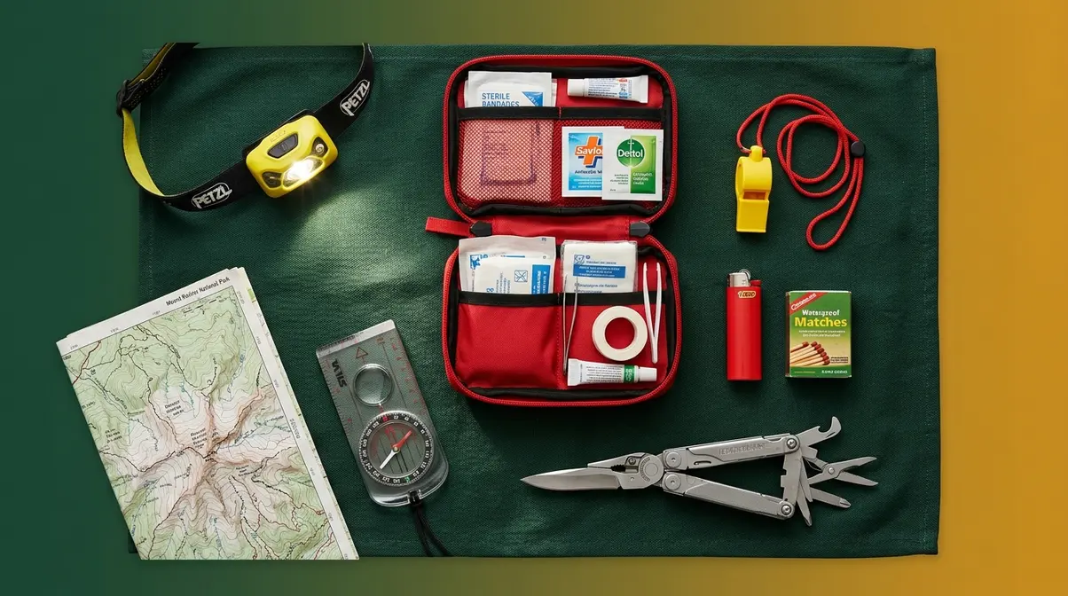 Essential camping safety gear including headlamp, first aid kit, compass, and fire starter tools