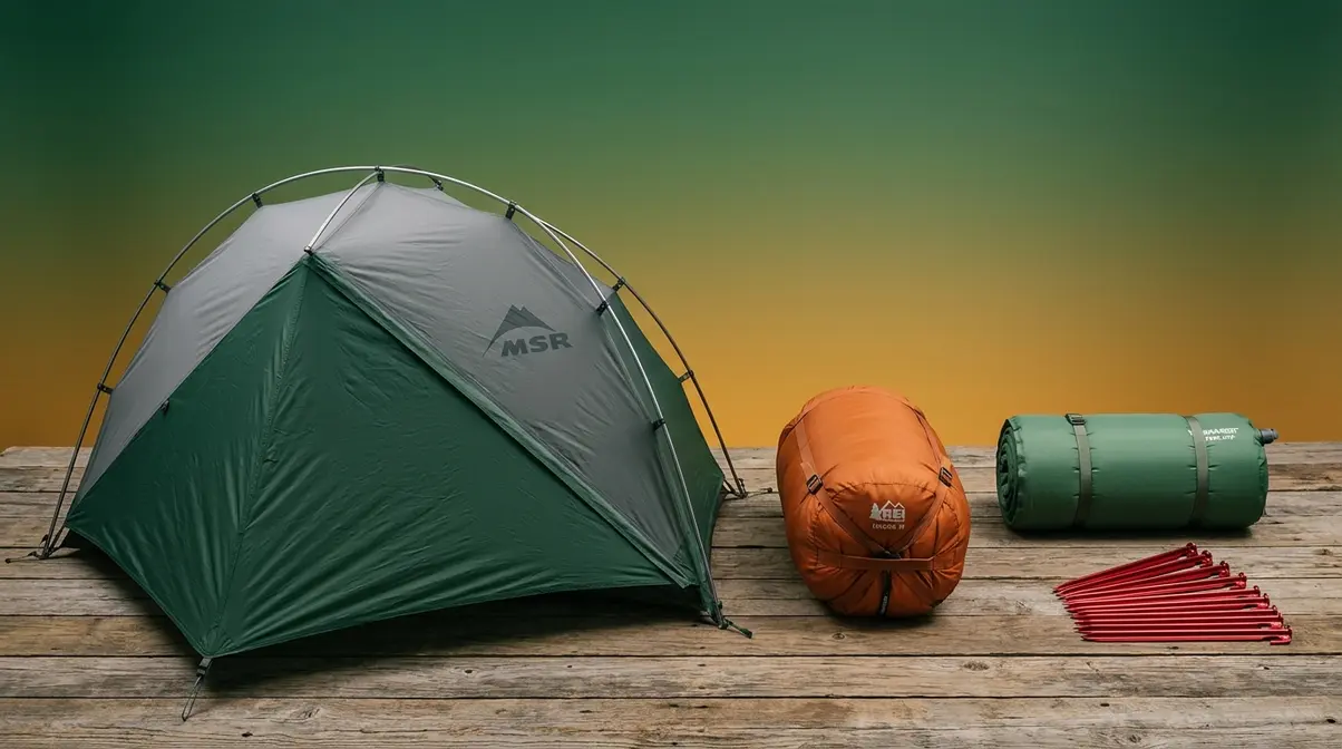 Essential camping shelter and sleep system including tent with rainfly, sleeping bag, and sleeping pad