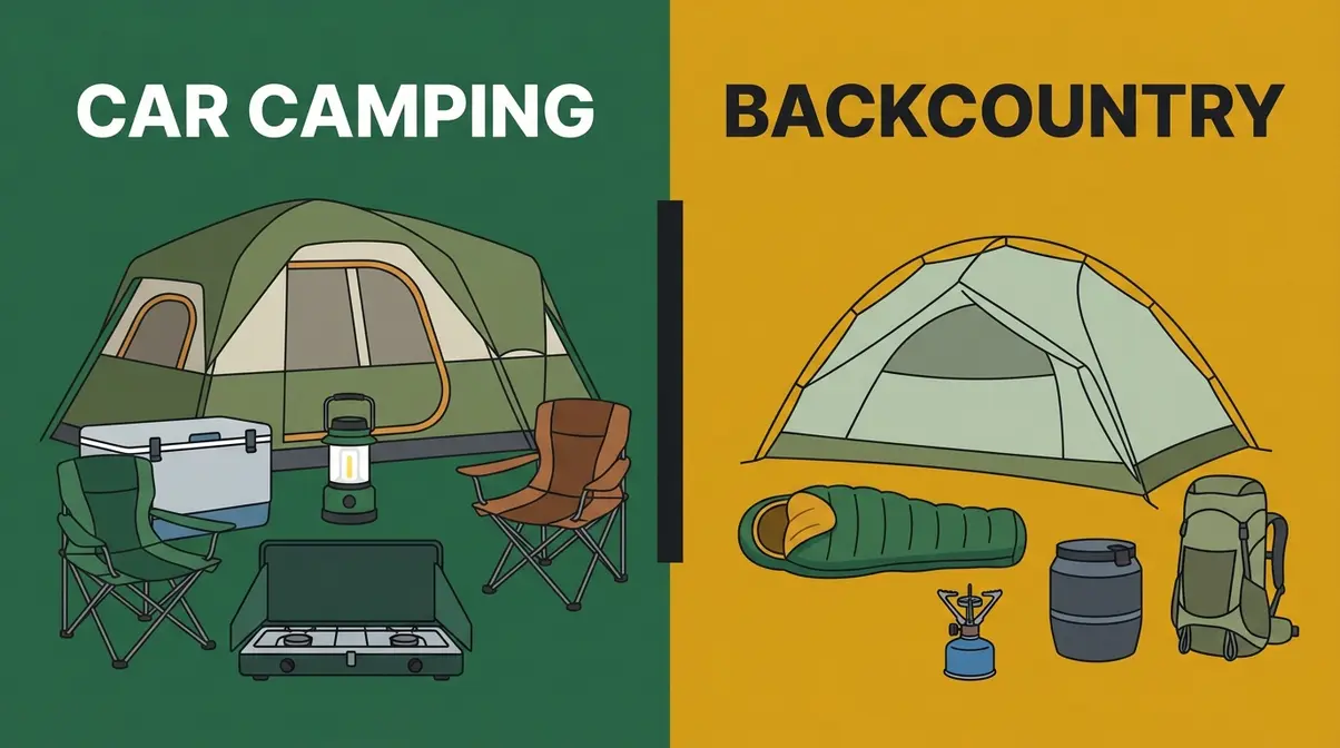 Car camping versus backcountry gear comparison showing comfort items versus ultralight backpacking alternatives