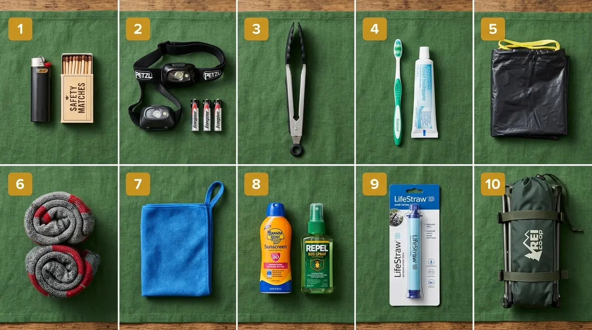Top 10 most forgotten essential camping gear items arranged in a numbered flat-lay reminder grid