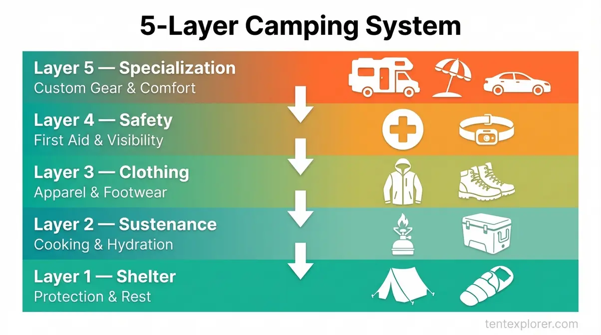 Essential camping supplies list organized into 5 layers: shelter, sustenance, clothing, safety, and specialization