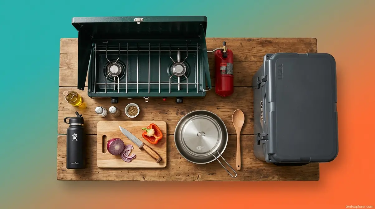 Camp kitchen setup with two-burner propane stove, cookware, hard-sided cooler, and water bottle