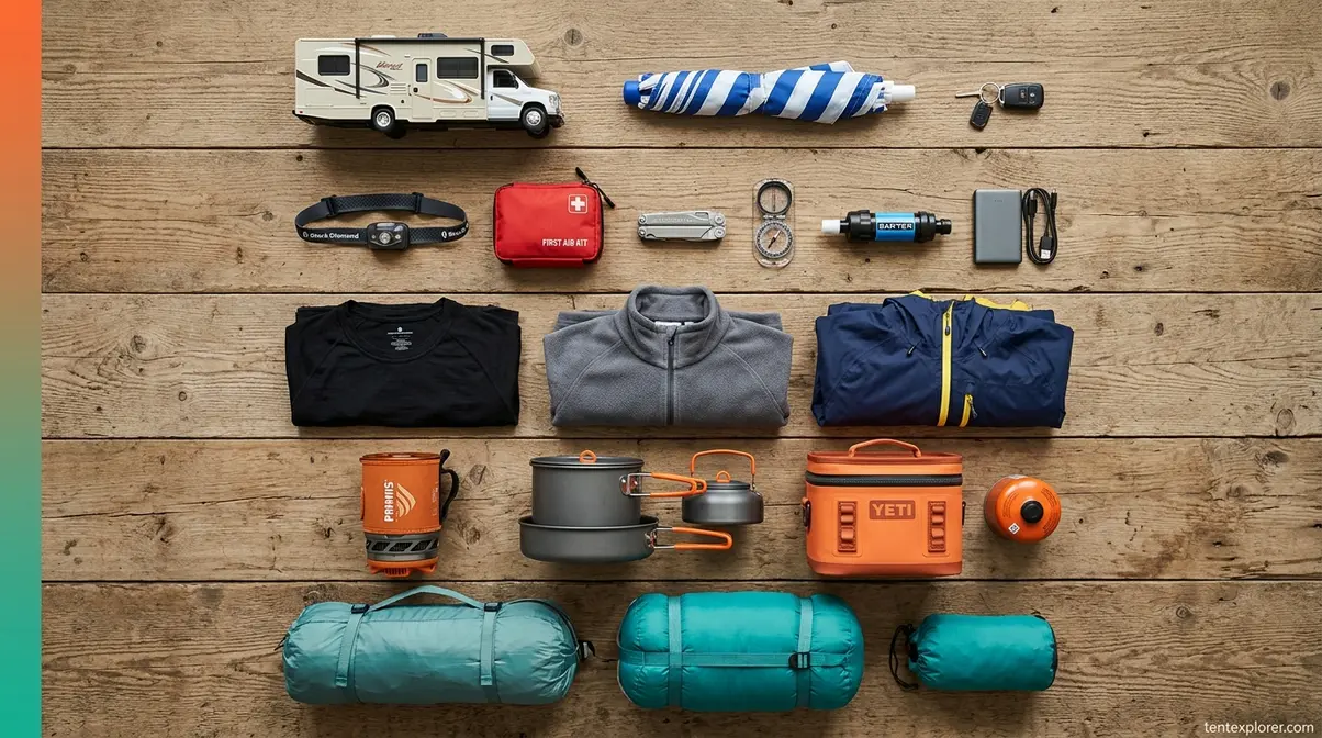 Five rows of camping gear representing the 5-Layer camping system from shelter to specialization
