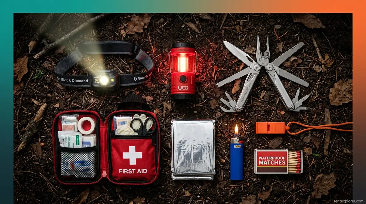 Camping safety essentials including headlamp, multi-tool, first aid kit, space blanket, and emergency whistle