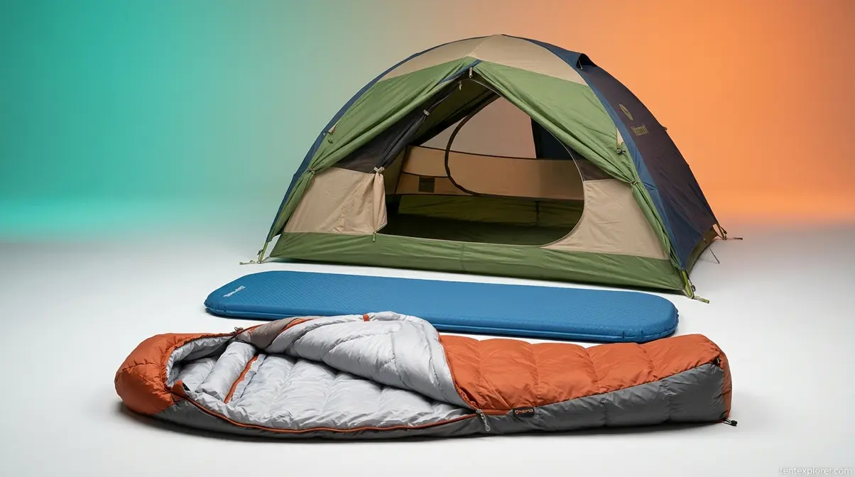 Camping shelter and sleep system showing dome tent, mummy sleeping bag, and self-inflating sleeping pad