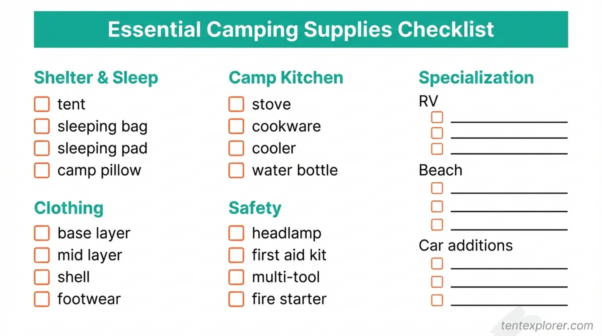 Complete camping packing checklist organized by gear category with checkboxes for each item