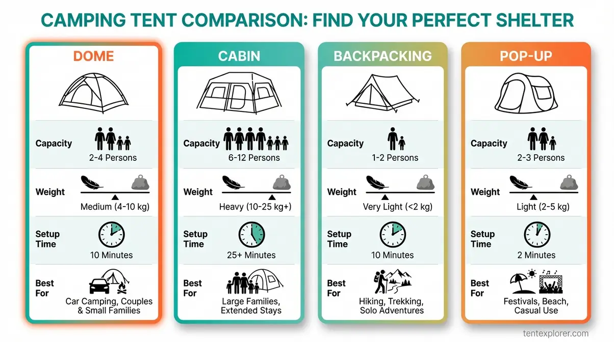 Camping tent types comparison showing capacity, weight, setup time, and best use for each style